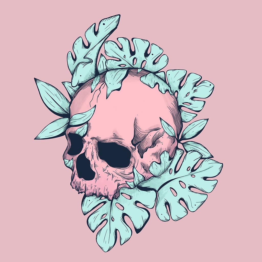 BOTANICAL SKULL by JESS ADAMS, digitally printed on DENIM products: throw pillows, aprons, table place mats, and hand-made Unisex Denim Jackets in 3 color choices