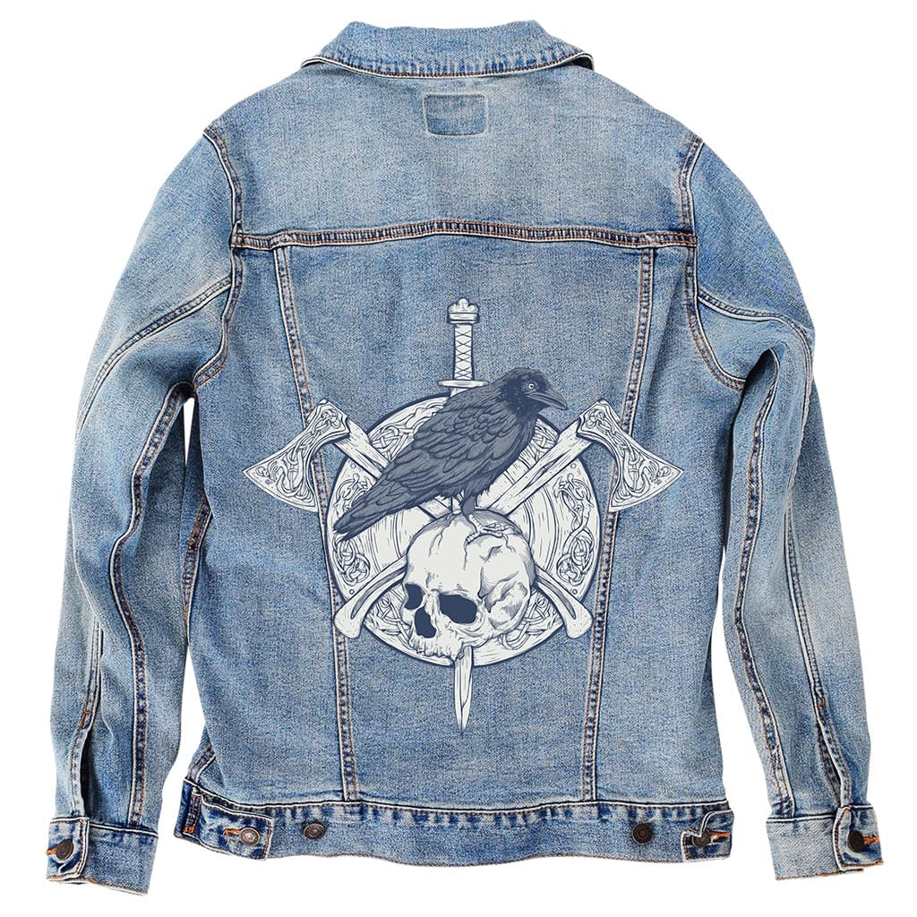 VIKINGS SHIELD by JESS ADAMS, digitally printed on DENIM products: throw pillows, aprons, table place mats, and hand-made Unisex Denim Jackets in 3 color choices Vikings Shield by Jess Adams, on a hand-crafted Custom Stonewashed, White, or Black Denim Jacket. Unisex. Digitally printed in the USA. Ships free to USA & also Internationally. XS S M L XL 2X 3X