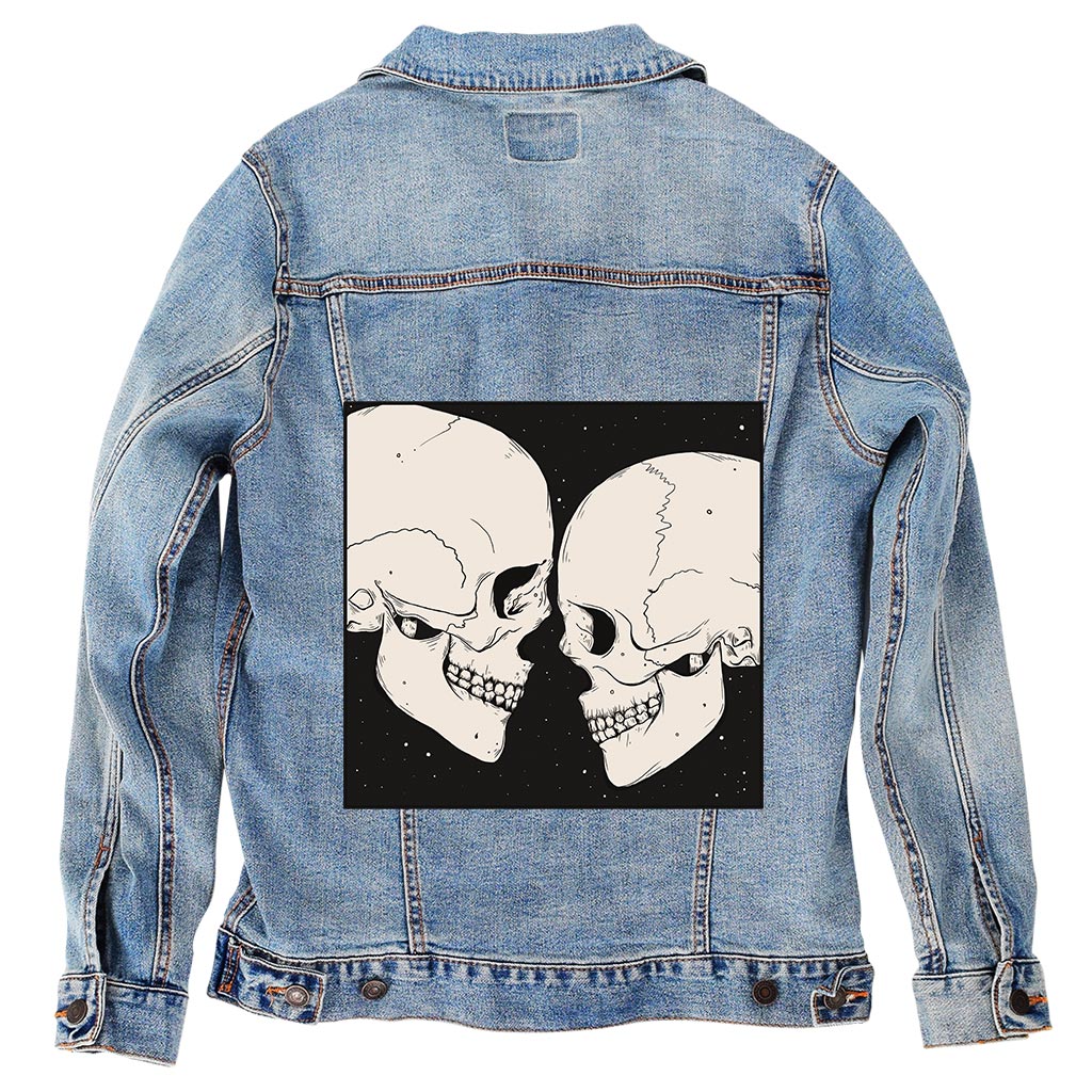 STAR CROSSED LOVERS by JESS ADAMS, digitally printed on DENIM products: throw pillows, aprons, table place mats, and hand-made Unisex Denim Jackets in 3 color choices