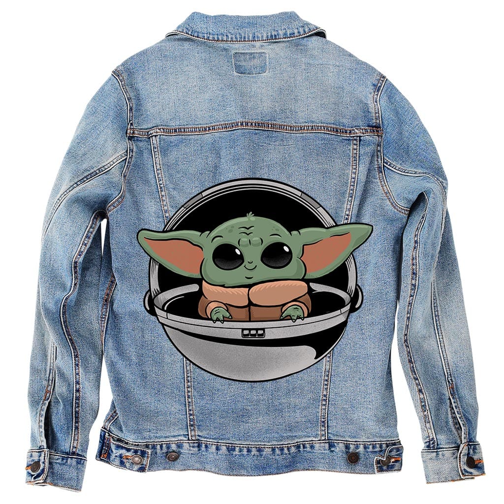 BABY YODA by PEPE RODRIGUEZ aka PPMID, digitally printed on DENIM products: throw pillows, aprons, table place mats, and hand-made Unisex Denim Jackets in 3 color choices BABY YODA by PEPE RODRIGUEZ aka PPMID, digitally printed on DENIM products: throw pillows, aprons, table place mats, and hand-made Unisex Denim Jackets in 3 color choices