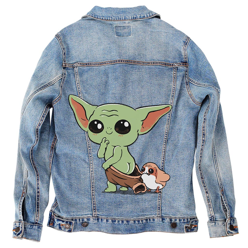 BABY YODA and PORG by PEPE RODRIGUEZ aka PPMID, digitally printed on DENIM products: throw pillows, aprons, table place mats, and hand-made Unisex Denim Jackets in 3 color choices