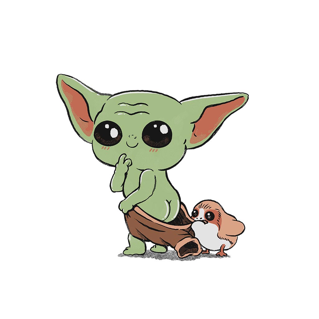 BABY YODA and PORG by PEPE RODRIGUEZ aka PPMID, digitally printed on DENIM products: throw pillows, aprons, table place mats, and hand-made Unisex Denim Jackets in 3 color choices