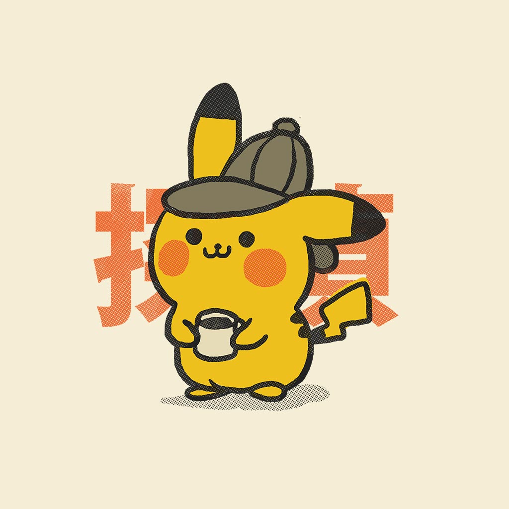 PIKACHU COFFEE DEFECTIVE by PEPE RODRIGUEZ aka PPMID, digitally printed on DENIM products: throw pillows, aprons, table place mats, and hand-made Unisex Denim Jackets in 3 color choices