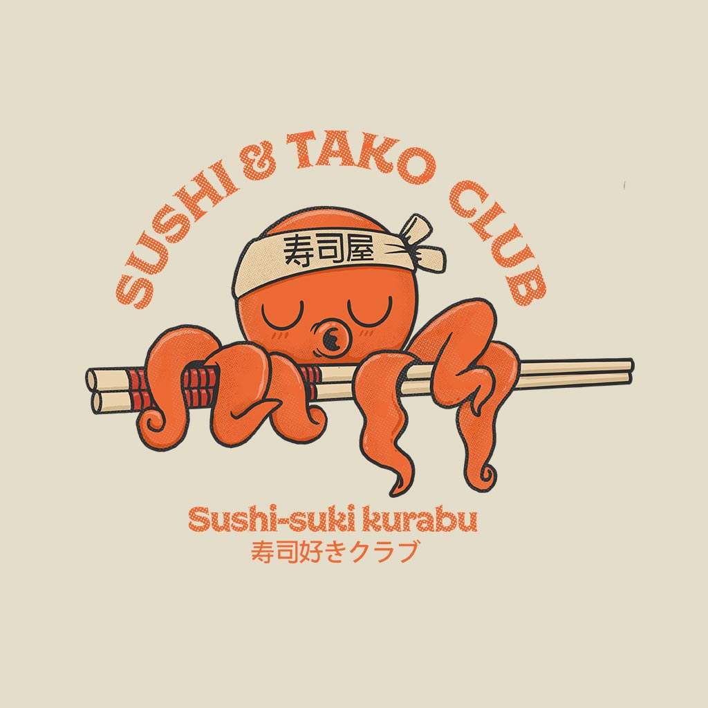 SUSHI CLUB by PEPE RODRIGUEZ aka PPMID, digitally printed on DENIM products: throw pillows, aprons, table place mats, and hand-made Unisex Denim Jackets in 3 color choices
