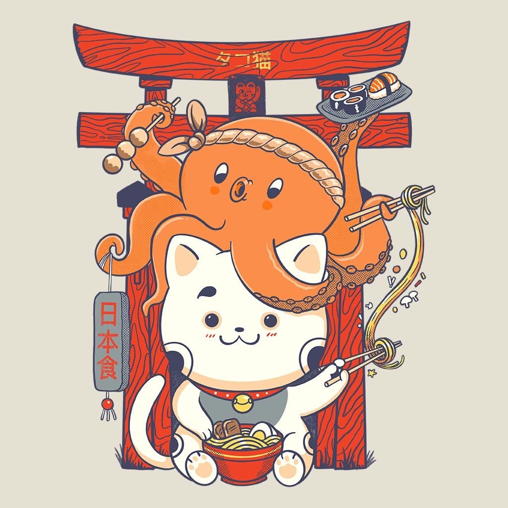 TAKO AND NEKO RESTAURANT by PEPE RODRIGUEZ aka PPMID, digitally printed on DENIM products: throw pillows, aprons, table place mats, and hand-made Unisex Denim Jackets in 3 color choices TAKO AND NEKO RESTAURANT by PEPE RODRIGUEZ aka PPMID, digitally printed on DENIM products: throw pillows, aprons, table place mats, and hand-made Unisex Denim Jackets in 3 color choices