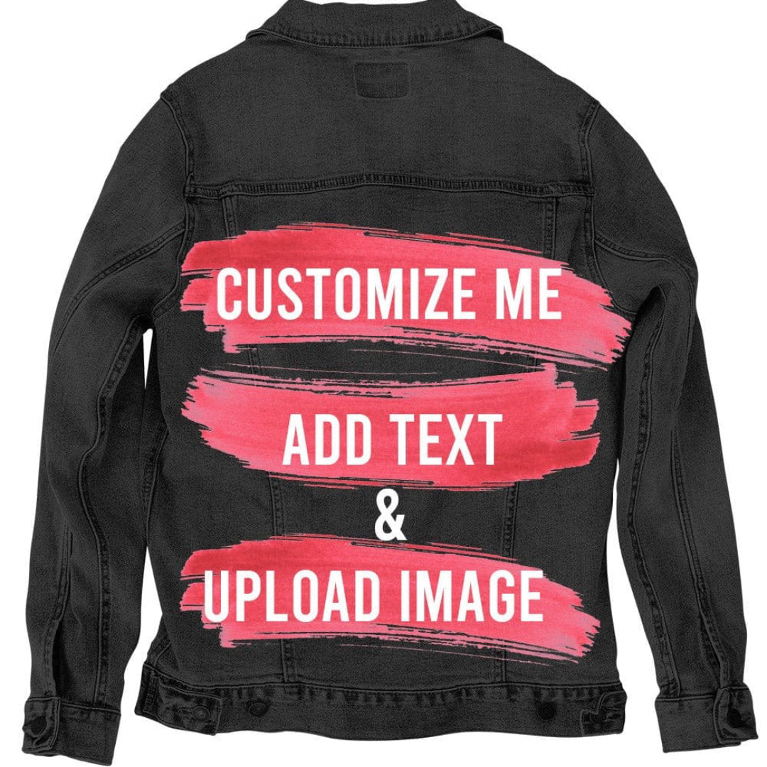 product mockup of a black denim jacket featuring a pink brushstroke-style customization template reading “Customize Me • Add Text & Upload Image” printed on the back panel by DenimINK