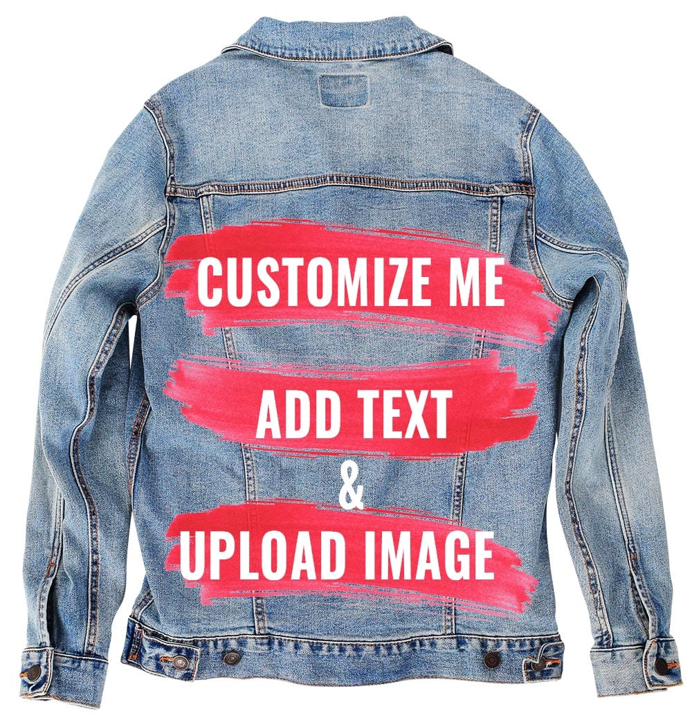 product mockup of a stonewashed denim jacket featuring a pink brushstroke-style customization template reading “Customize Me • Add Text & Upload Image” printed on the back panel by DenimINK.