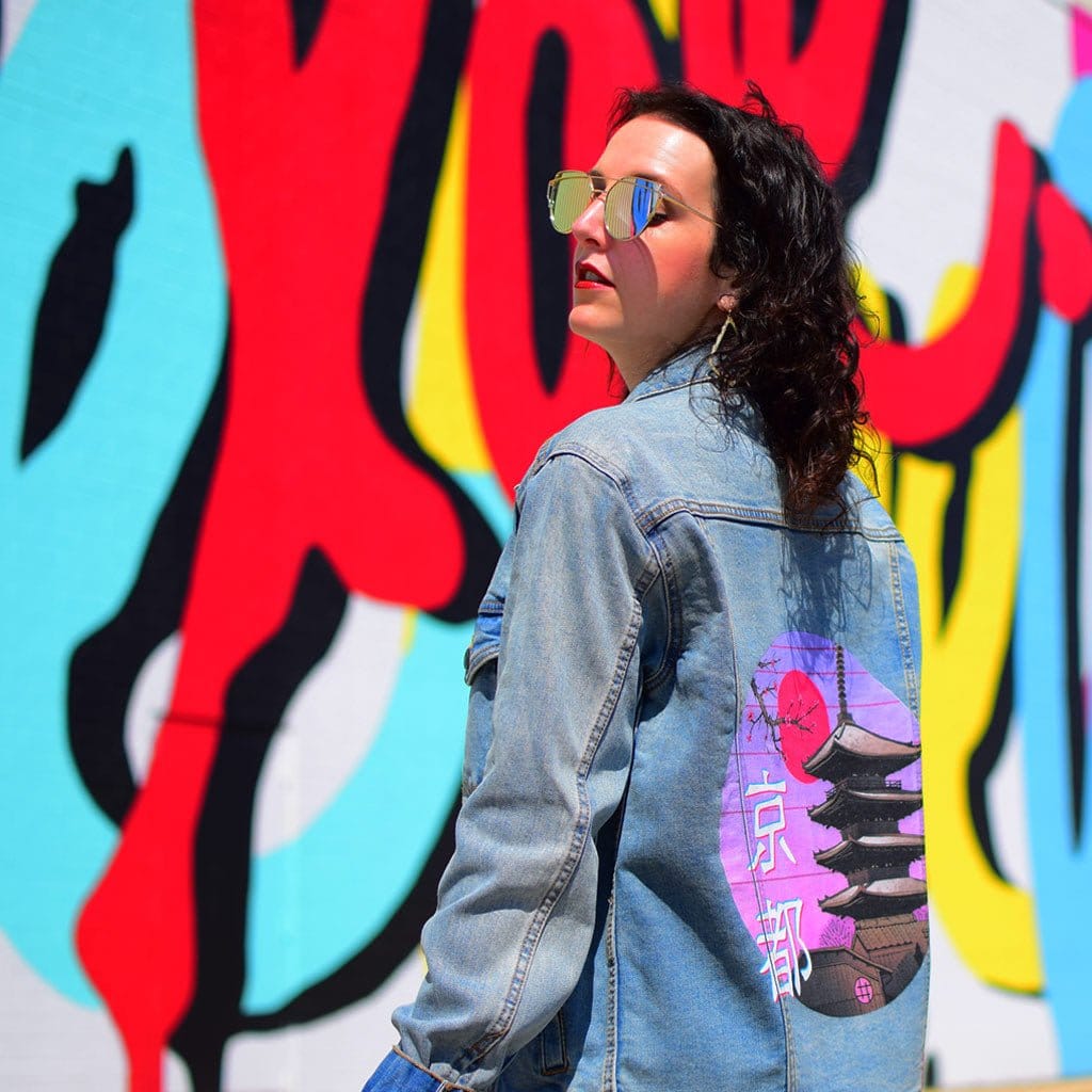 KYOTO WAVE by VINCENT TRINIDAD, digitally printed on DENIM products: throw pillows, aprons, table place mats, and hand-made Unisex Denim Jackets in 3 color choices KYOTO WAVE by VINCENT TRINIDAD, digitally printed on DENIM products: throw pillows, aprons, table place mats, and hand-made Unisex Denim Jackets in 3 color choices