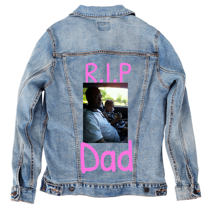 Customer Designed Custom Denim Jacket (hand-crafted) with 3 color choices of jacket: Stonewash, White, or Black. Unisex XS S M L XL 2X 3X. USA hand-crafted and USA digitally printed. Ships free within the USA & also ships Internationally.