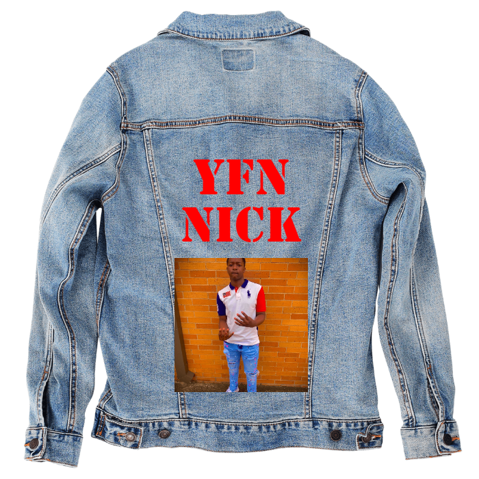 Customer Designed Custom Denim Jacket (hand-crafted) with 3 color choices of jacket: Stonewash, White, or Black. Unisex XS S M L XL 2X 3X. USA hand-crafted and USA digitally printed. Ships free within the USA & also ships Internationally.