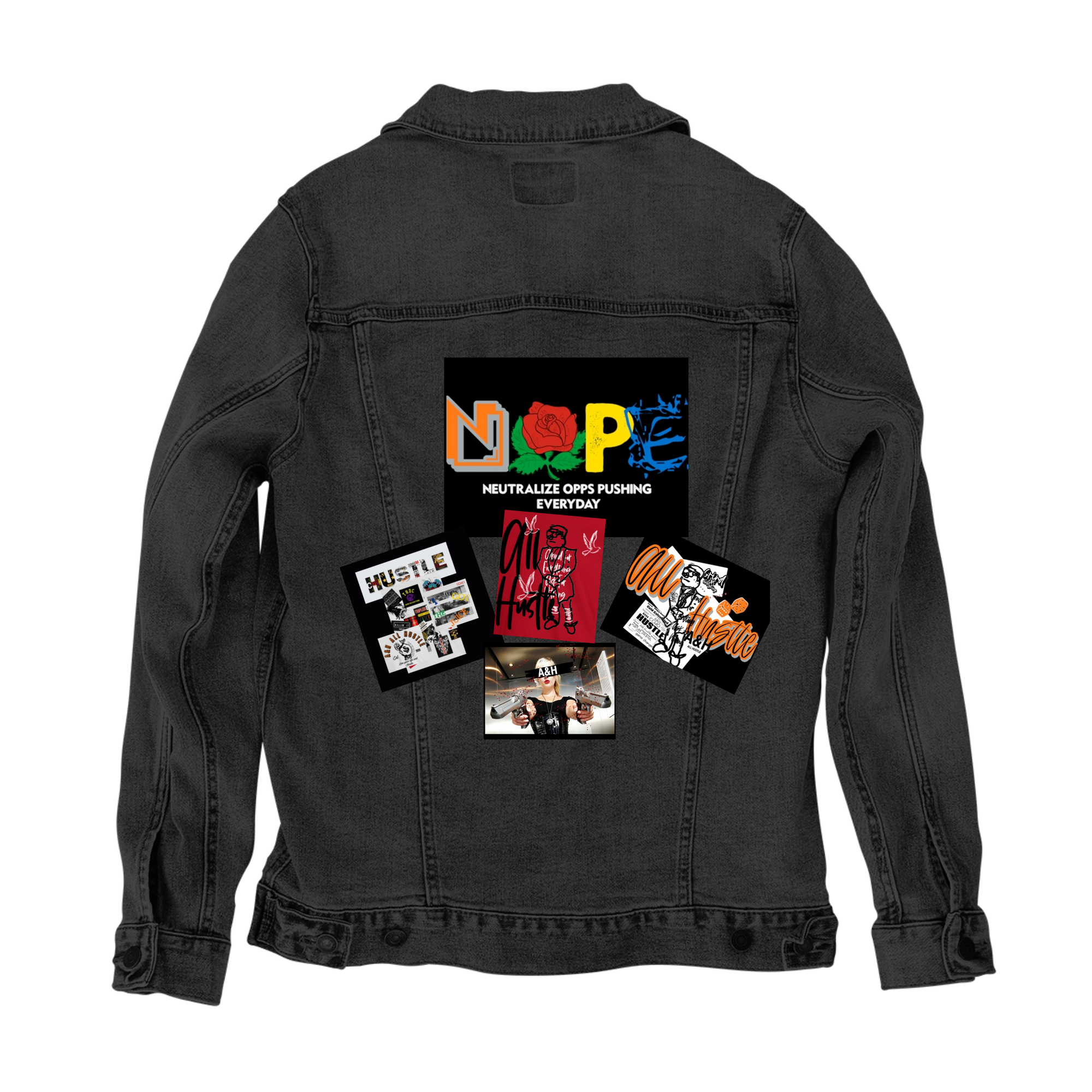 Customer Designed Custom Denim Jacket (hand-crafted) with 3 color choices of jacket: Stonewash, White, or Black. Unisex XS S M L XL 2X 3X. USA hand-crafted and USA digitally printed. Ships free within the USA & also ships Internationally.