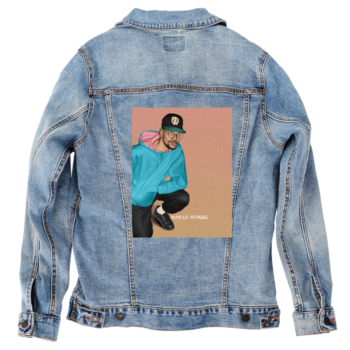 Customer Designed Custom Denim Jacket (hand-crafted) with 3 color choices of jacket: Stonewash, White, or Black. Unisex XS S M L XL 2X 3X. USA hand-crafted and USA digitally printed. Ships free within the USA & also ships Internationally.