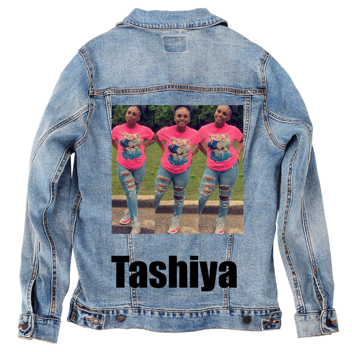 Customer Designed Custom Denim Jacket (hand-crafted) with 3 color choices of jacket: Stonewash, White, or Black. Unisex XS S M L XL 2X 3X. USA hand-crafted and USA digitally printed. Ships free within the USA & also ships Internationally.