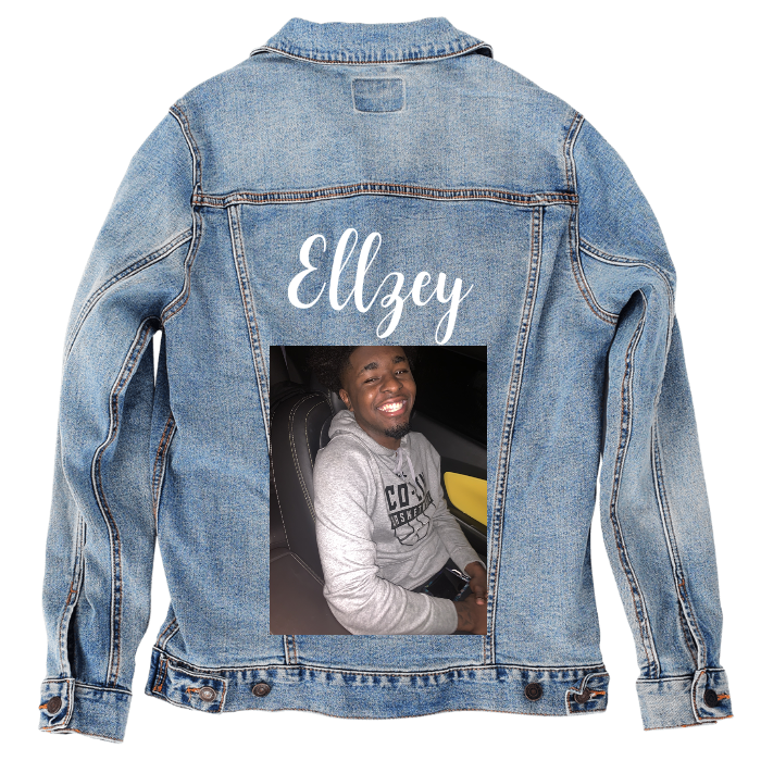 Customer Designed Custom Denim Jacket (hand-crafted) with 3 color choices of jacket: Stonewash, White, or Black. Unisex XS S M L XL 2X 3X. USA hand-crafted and USA digitally printed. Ships free within the USA & also ships Internationally.