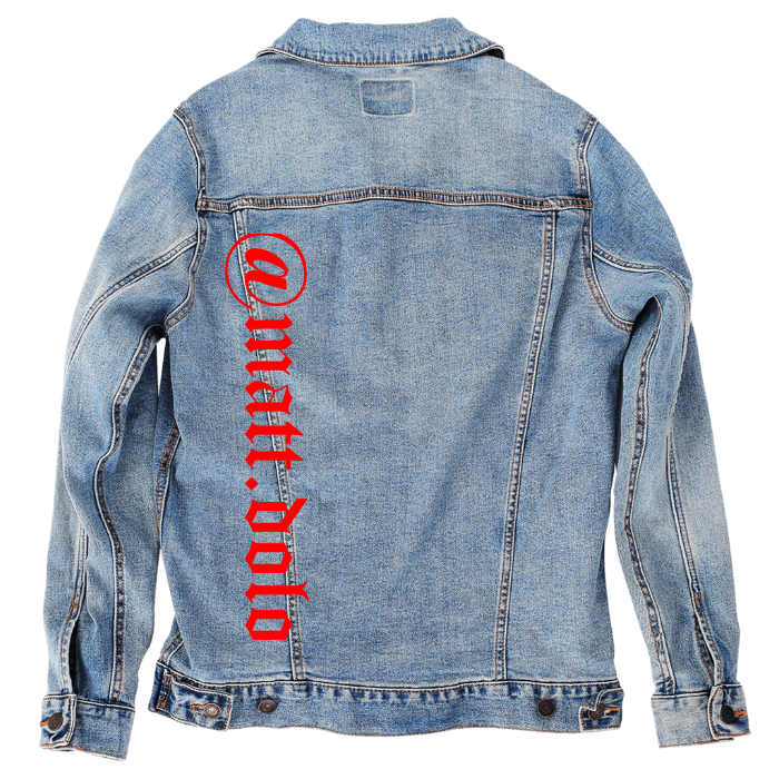Customer Designed Custom Denim Jacket (hand-crafted) with 3 color choices of jacket: Stonewash, White, or Black. Unisex XS S M L XL 2X 3X. USA hand-crafted and USA digitally printed. Ships free within the USA & also ships Internationally.