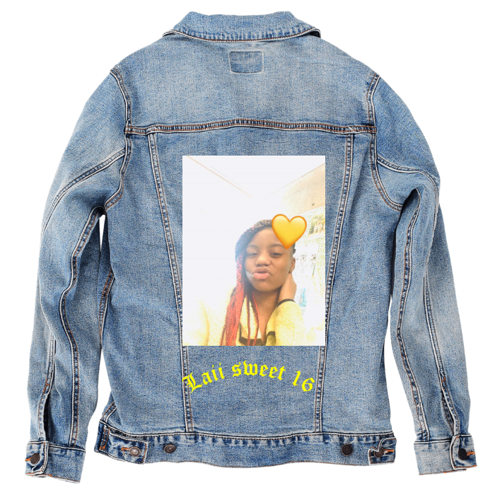 Customer Designed Custom Denim Jacket (hand-crafted) with 3 color choices of jacket: Stonewash, White, or Black. Unisex XS S M L XL 2X 3X. USA hand-crafted and USA digitally printed. Ships free within the USA & also ships Internationally.