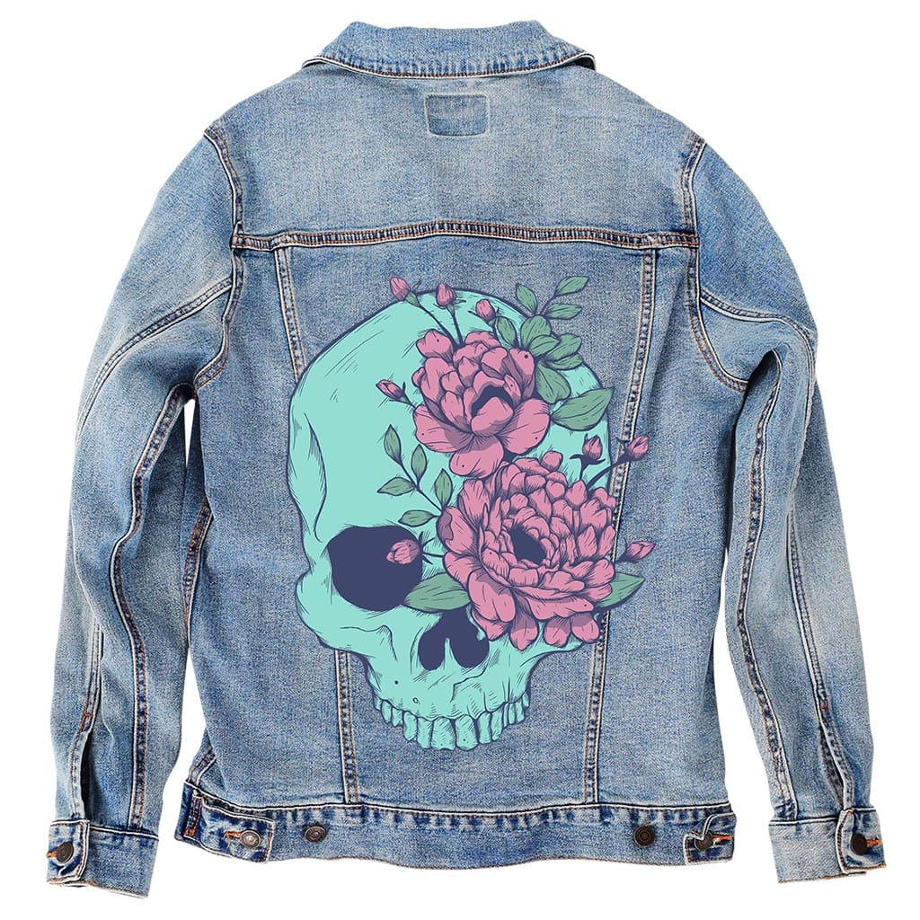 BLUE FLORAL SKULL by JESS ADAMS, digitally printed on DENIM products: throw pillows, aprons, table place mats, and hand-crafted Unisex Denim Jackets in 3 color choices