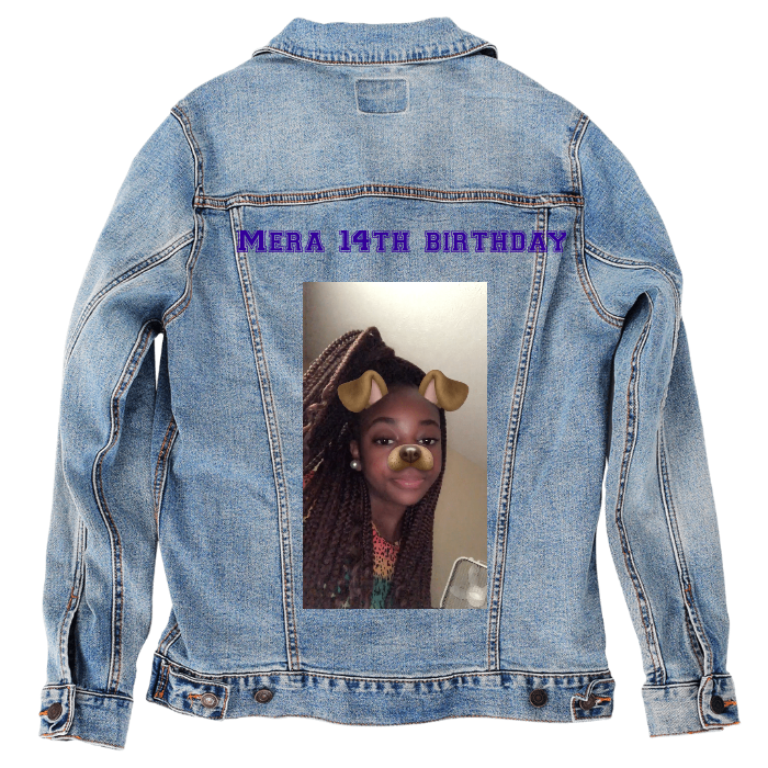 Customer Designed Custom Denim Jacket (hand-crafted) with 3 color choices of jacket: Stonewash, White, or Black. Unisex XS S M L XL 2X 3X. USA hand-crafted and USA digitally printed. Ships free within the USA & also ships Internationally.