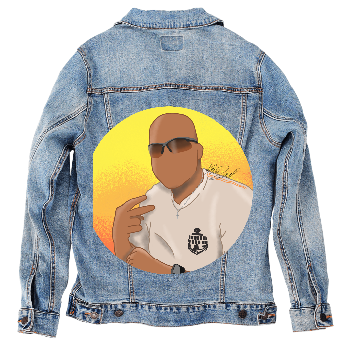 Customer Designed Custom Denim Jacket (hand-crafted) with 3 color choices of jacket: Stonewash, White, or Black. Unisex XS S M L XL 2X 3X. USA hand-crafted and USA digitally printed. Ships free within the USA & also ships Internationally.