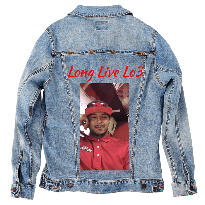 Customer Designed Custom Denim Jacket (hand-crafted) with 3 color choices of jacket: Stonewash, White, or Black. Unisex XS S M L XL 2X 3X. USA hand-crafted and USA digitally printed. Ships free within the USA & also ships Internationally.