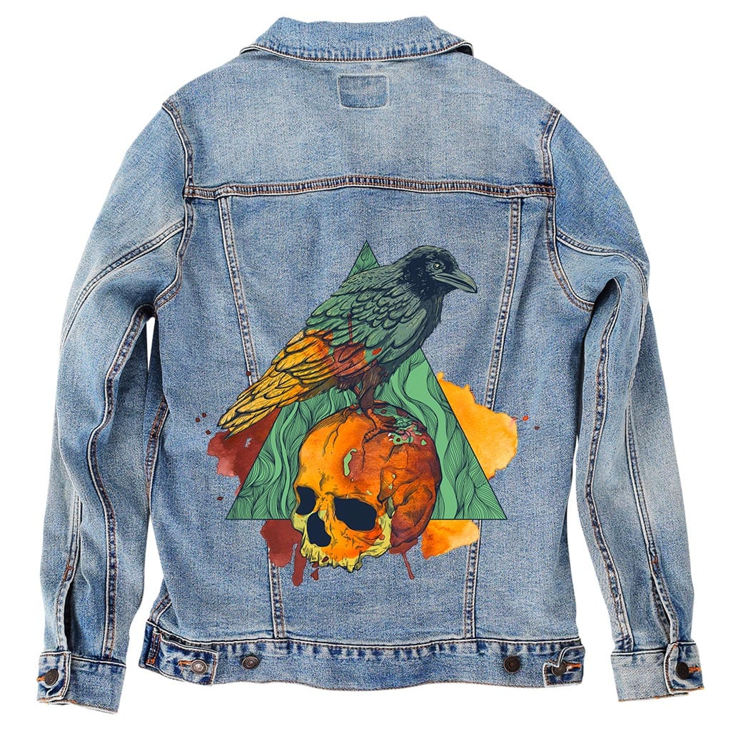 CROW by JESS ADAMS, digitally printed on DENIM products: throw pillows, aprons, table place mats, and hand-crafted Unisex Denim Jackets in 3 color choices