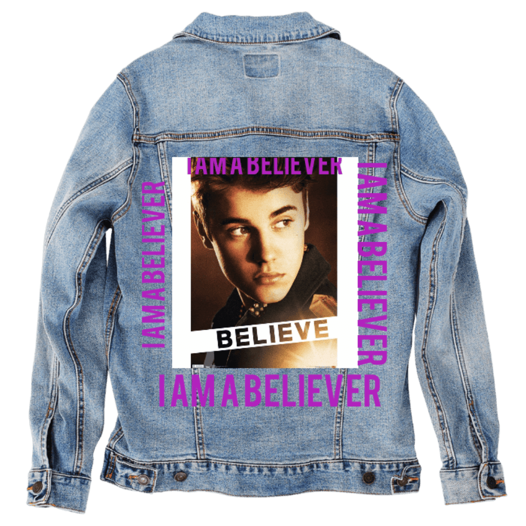 Custom Denim Jacket – Customer Designed – “BELIEVE / I AM A BELIEVER” Warm Amber Portrait with Purple Typography Back Art – 3 Color Choices (hand - crafted) custom denim jacket by DenimINK
