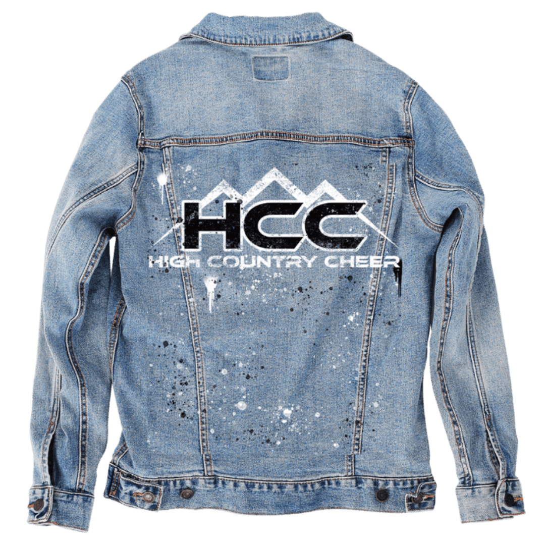 Custom Denim Jacket – Customer Designed – HCC Mountain Logo with White & Black Paint Splatter “High Country Cheer” Back Art – 3 Color Choices (hand - crafted) custom denim jacket by DenimINK