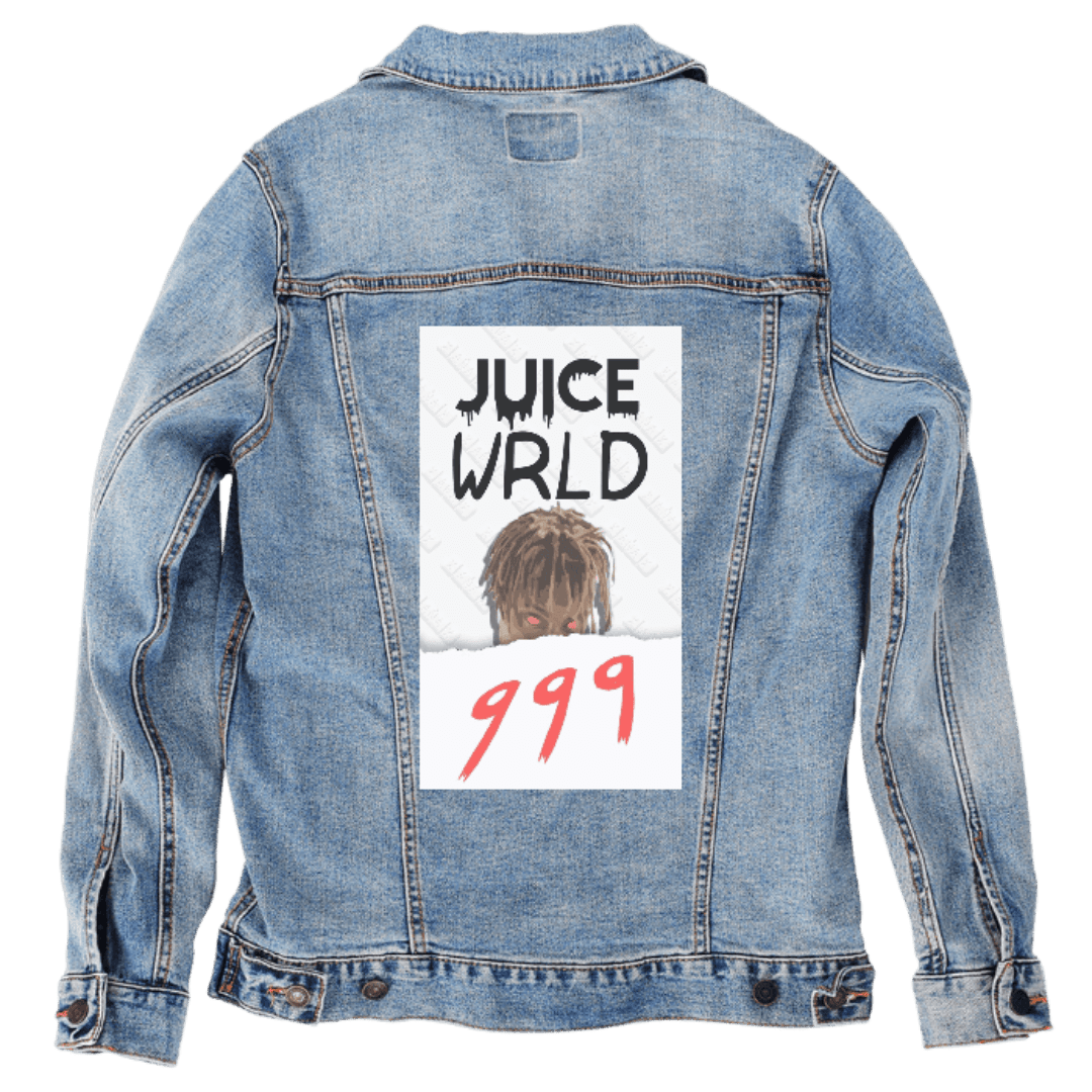 Custom Denim Jacket – “JUICE WRLD” Dripping Text with Stylized Face and Red 999 Design – Customer Designed (hand - crafted) – 3 Color Choices custom denim jacket by DenimINK