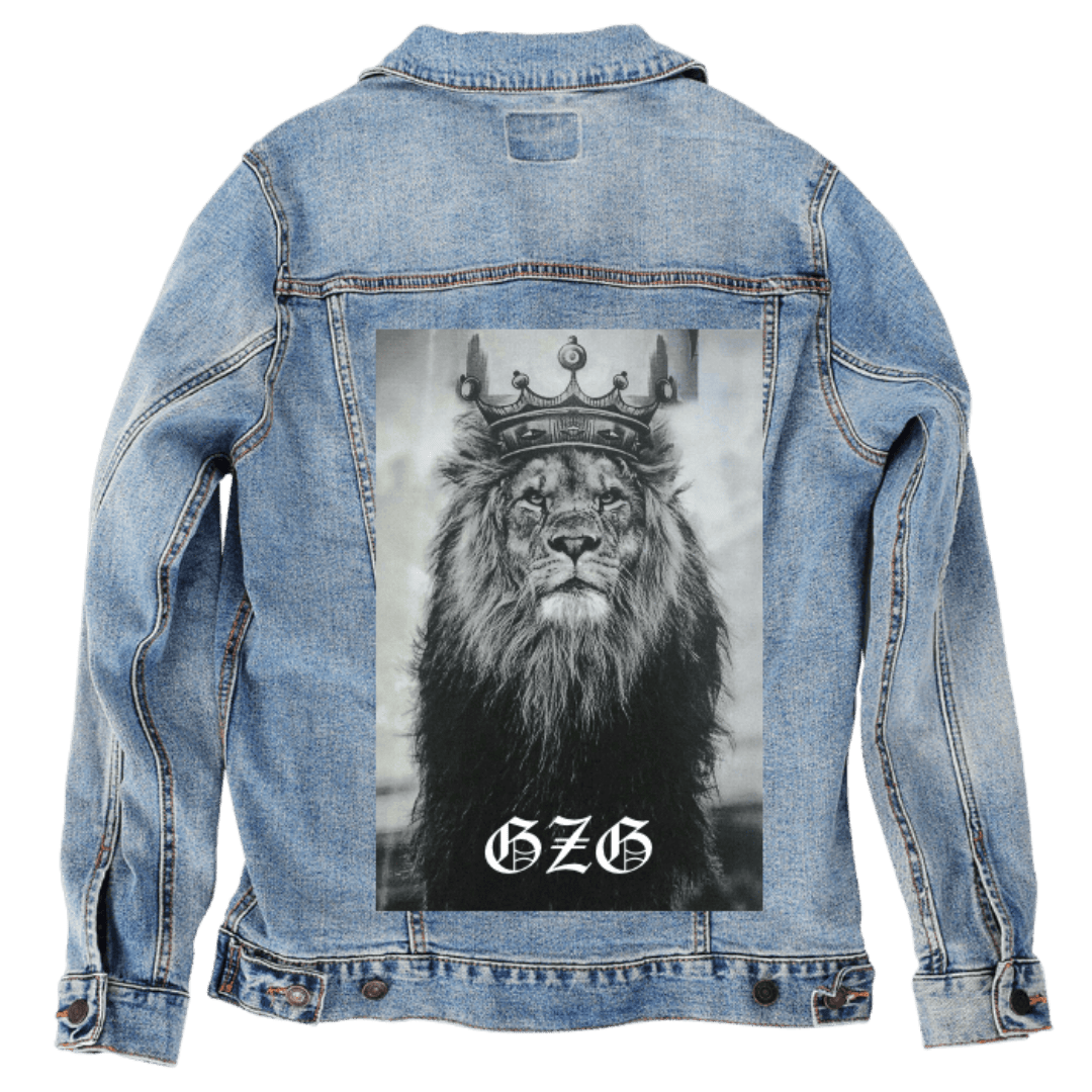 Custom Denim Jacket – Customer Designed – Lion Crown Portrait with “GZG” Gothic Text Back Art – 3 Color Choices (hand - crafted) custom denim jacket by DenimINK