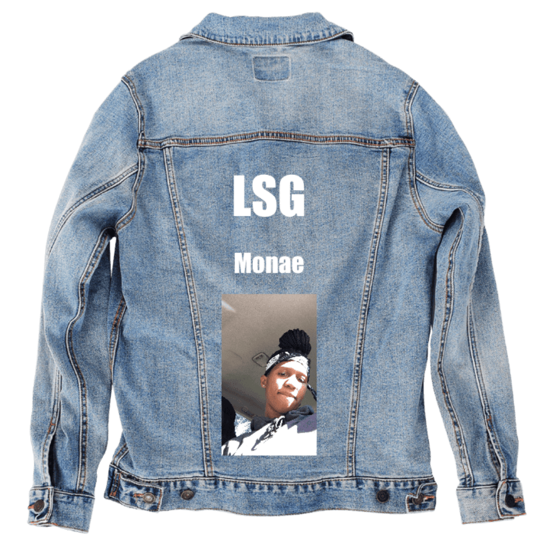 Custom Denim Jacket – Customer Designed – “LSG / Monae” White Text and Portrait Photo Back Art – 3 Color Choices (hand - crafted) custom denim jacket by DenimINK