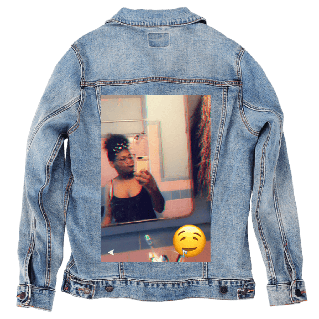 Custom Denim Jacket – Customer Designed – Mirror Selfie with Emoji Overlay Back Art – 3 Color Choices (hand - crafted) custom denim jacket by DenimINK