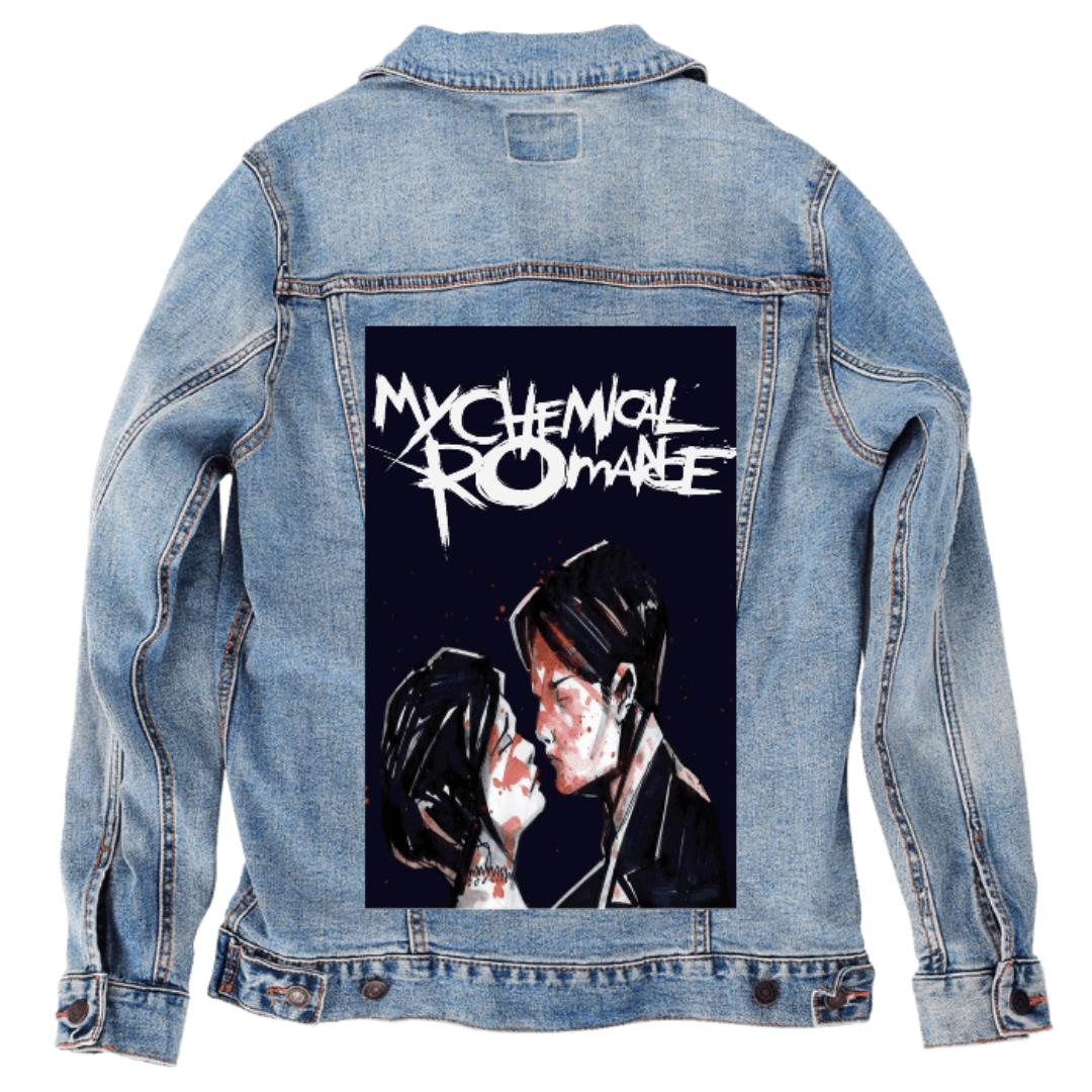 Customer designed custom denim jacket (L stonewash) featuring a dark, emotional illustration beneath the bold white “MY CHEMICAL ROMANCE” logo. Two ink-painted figures face each other closely, their foreheads nearly touching, with streaked shadows, red splatter-like marks, and expressive brushstrokes giving the scene a raw, dramatic tension. The deep midnight background intensifies the contrast between pale faces and black hair, creating a moody, gothic atmosphere against the rugged stonewash denim, printed