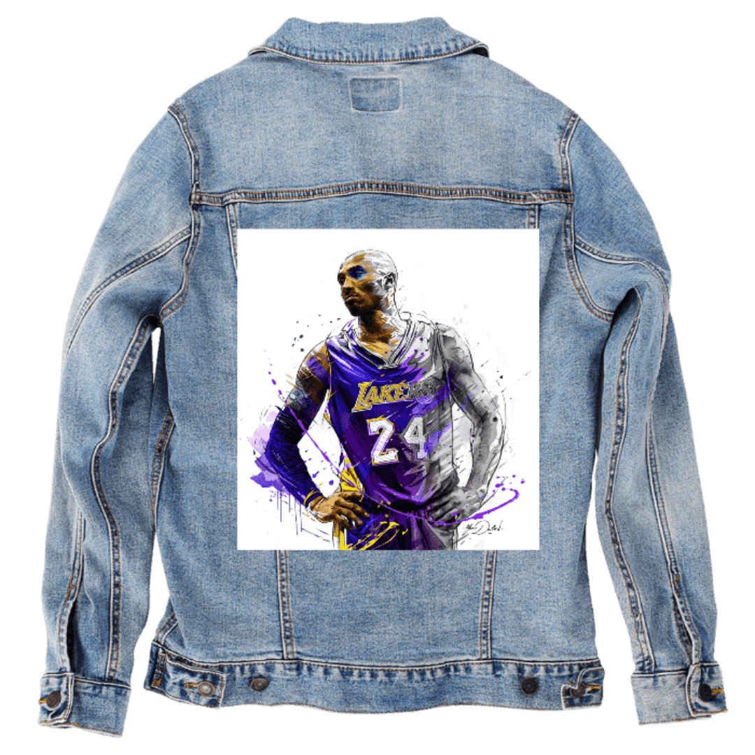 Custom Denim Jacket – Customer Designed – Purple Basketball Jersey 24 Sketch - Style Back Art – 3 Color Choices (hand - crafted) custom denim jacket by DenimINK