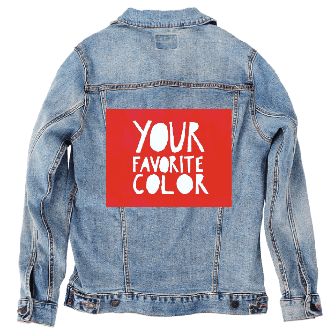 Custom Denim Jacket – Customer Designed – Red Block “Your Favorite Color” Text Back Art – 3 Color Choices (hand - crafted) custom denim jacket by DenimINK