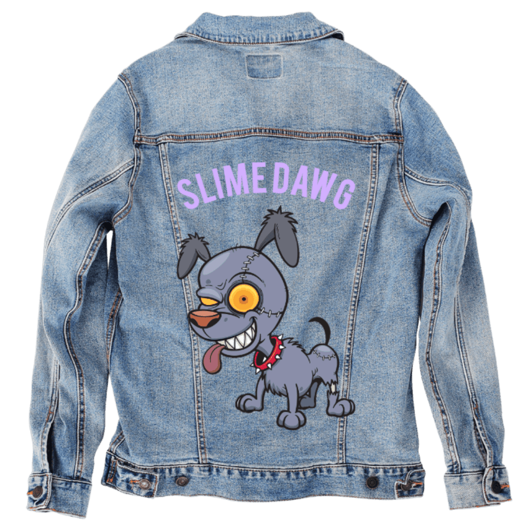 Custom Denim Jacket – Customer Designed – “SLIMEDAWG” Lavender Text and Cartoon Zombie Dog Back Art – 3 Color Choices (hand - crafted) custom denim jacket by DenimINK