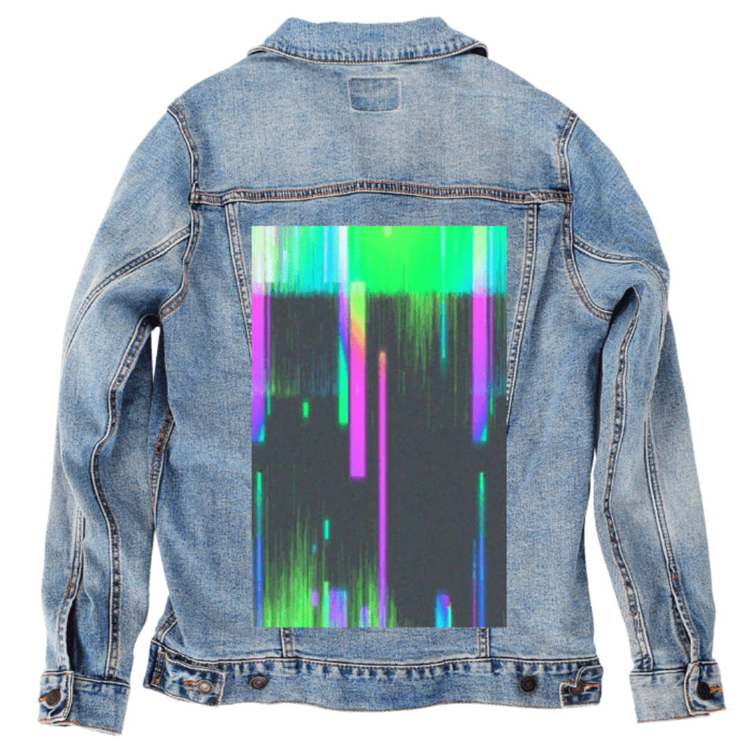 Customer designed custom denim jacket (M stonewash) featuring a vivid abstract neon glitch design printed on the back, with cascading vertical streaks of bright green, electric pink, teal, and violet dissolving into a deep charcoal background. The digital distortion aesthetic creates a futuristic, high-energy contrast against the soft, faded blue denim, giving the jacket a bold cyber-art look, printed on denim jacket by DenimINK.