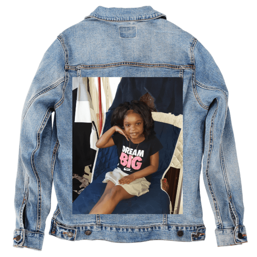 Custom Denim Jacket – Customer Designed – “DREAM BIG” Child Portrait on Blue Cushioned Chair Back Art – 3 Color Choices (hand - crafted) custom denim jacket by DenimINK