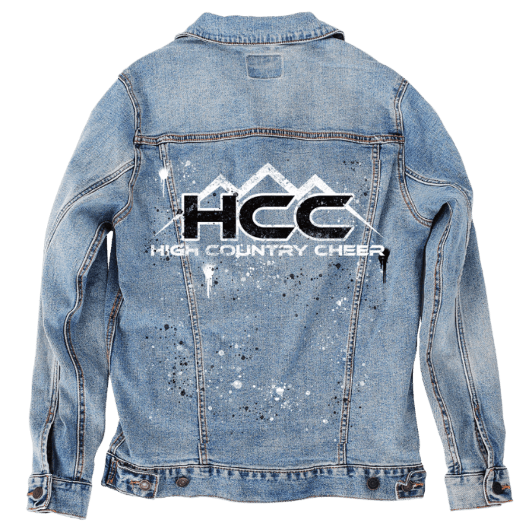 Custom Denim Jacket – Customer Designed – HCC Mountain Logo with White & Black Paint Splatter “High Country Cheer” Back Art – 3 Color Choices (hand - crafted) custom denim jacket by DenimINK