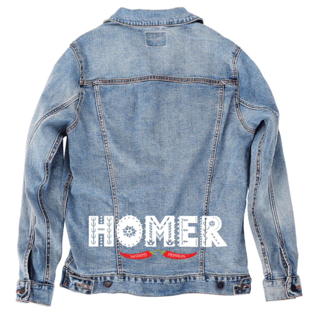 Custom Denim Jacket – Customer Designed – “HOMER” Distressed White Text with Red Sashito Peppers Banner Back Art – 3 Color Choices (hand - crafted custom denim jacket by DenimINK