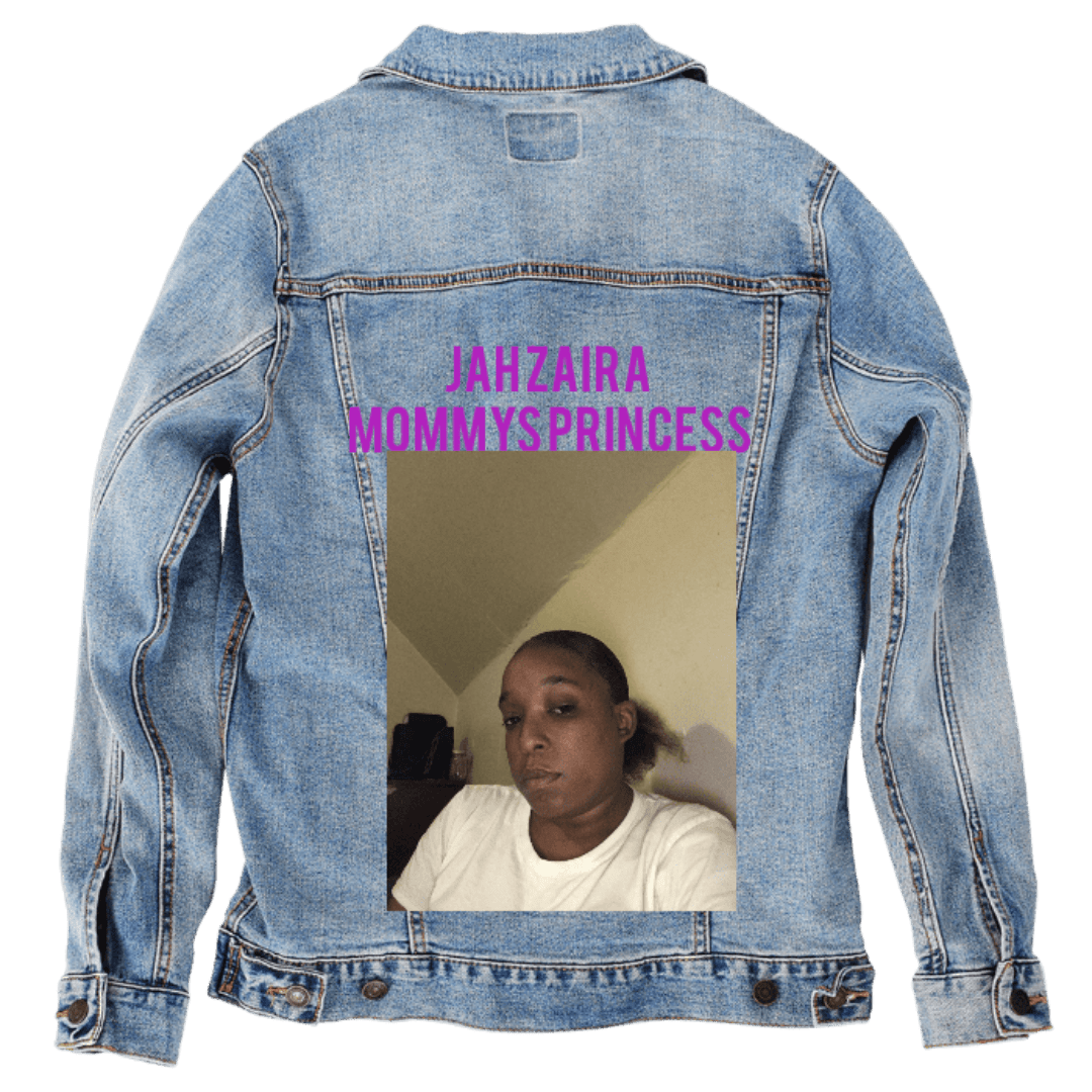 Custom Denim Jacket – Customer Designed – “JAH’ZAIRA MOMMY’S PRINCESS” Purple Text with Warm Indoor Portrait Back Art – 3 Color Choices (hand - crafted) custom denim jacket by DenimINK