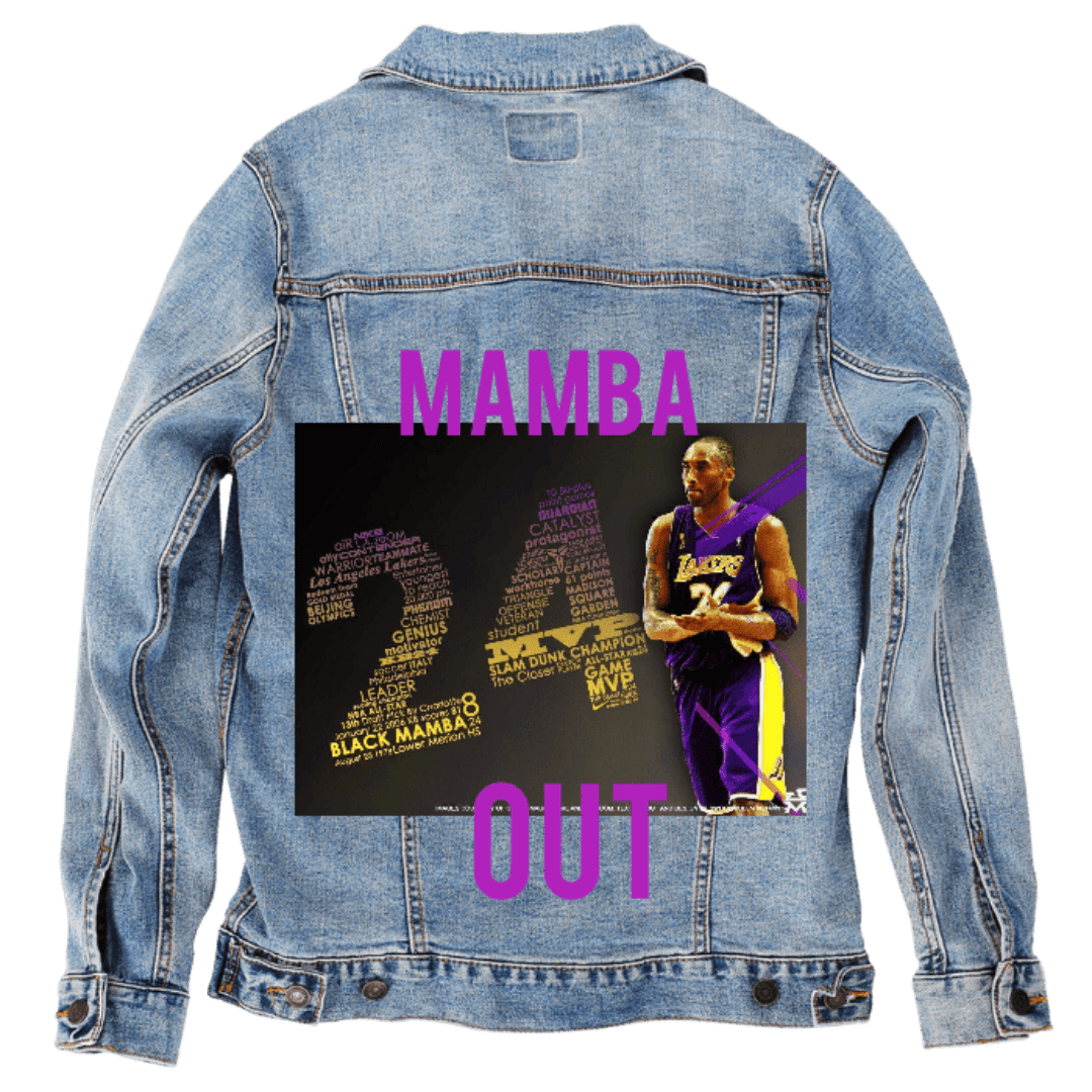 Custom Denim Jacket – Customer Designed – “MAMBA OUT” Purple Text and Basketball Player 24 Tribute Back Art – 3 Color Choices (hand - crafted) custom denim jacket by DenimINK