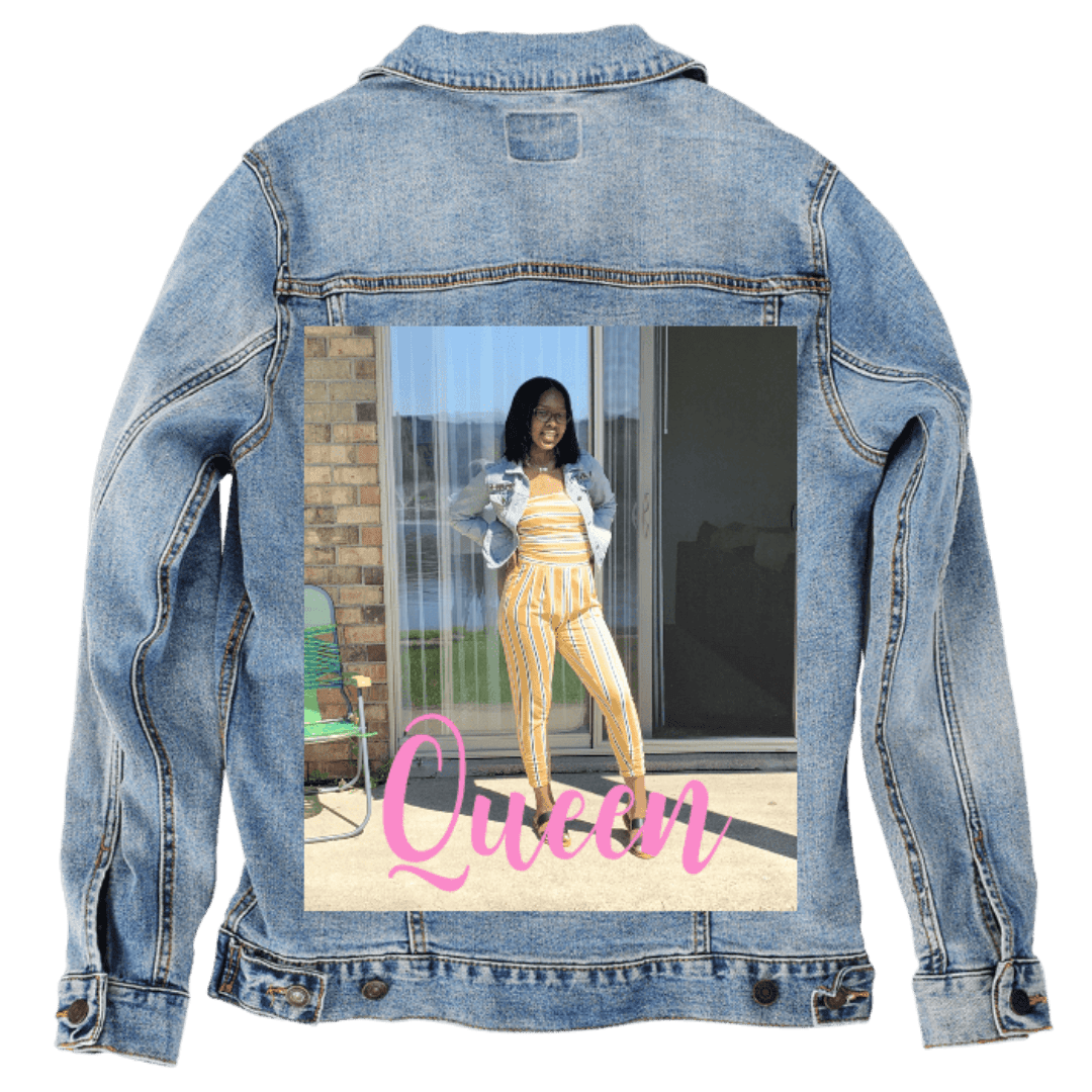 Custom Denim Jacket – Outdoor Portrait Photo with Pink “Queen” Script Back Art – Customer Designed (hand - crafted) – 3 Color Choices custom denim jacket by DenimINK