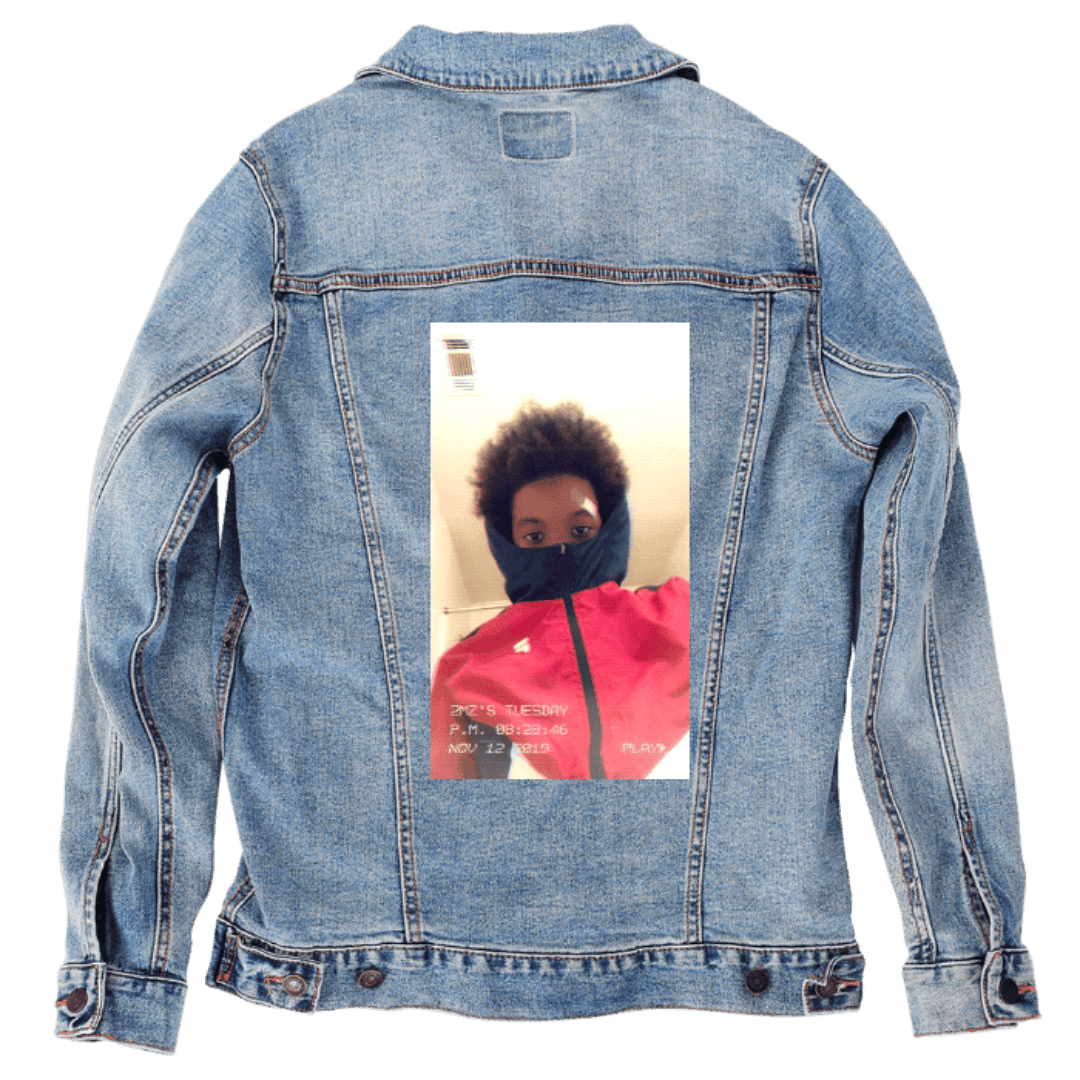 Custom Denim Jacket – Red “Rinkz” Text with Filtered Selfie Portrait Back Art – Customer Designed (hand - crafted) – 3 Color Choices custom denim jacket by DenimINK