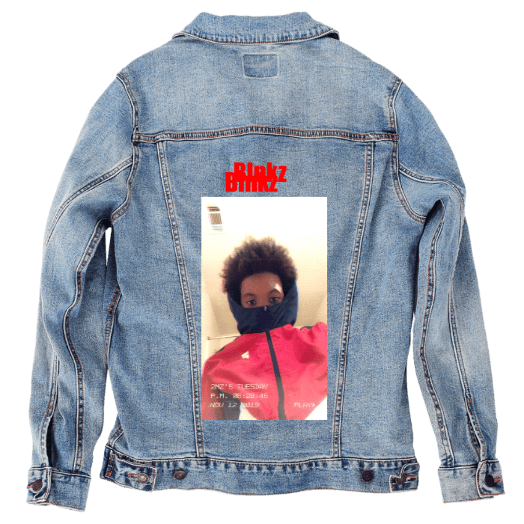 Custom Denim Jacket – Red “Rinkz” Text with Filtered Selfie Portrait Back Art – Customer Designed (hand - crafted) – 3 Color Choices custom denim jacket by DenimINK