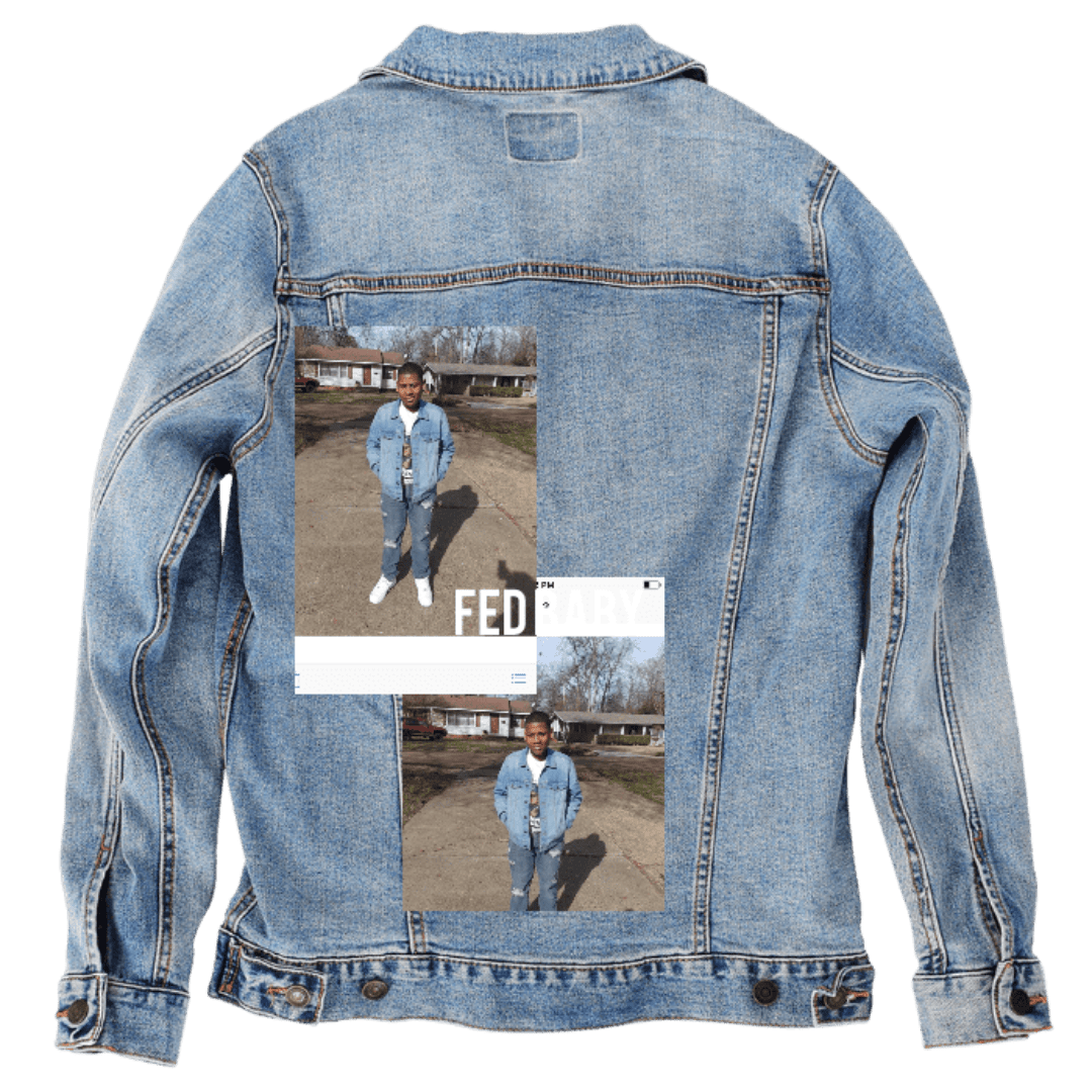 Custom Denim Jacket – Two - Photo Outdoor Portrait Collage with Phone Screenshot Overlay Back Art – Customer Designed (hand - crafted) – 3 Color Choices custom denim jacket by DenimINK