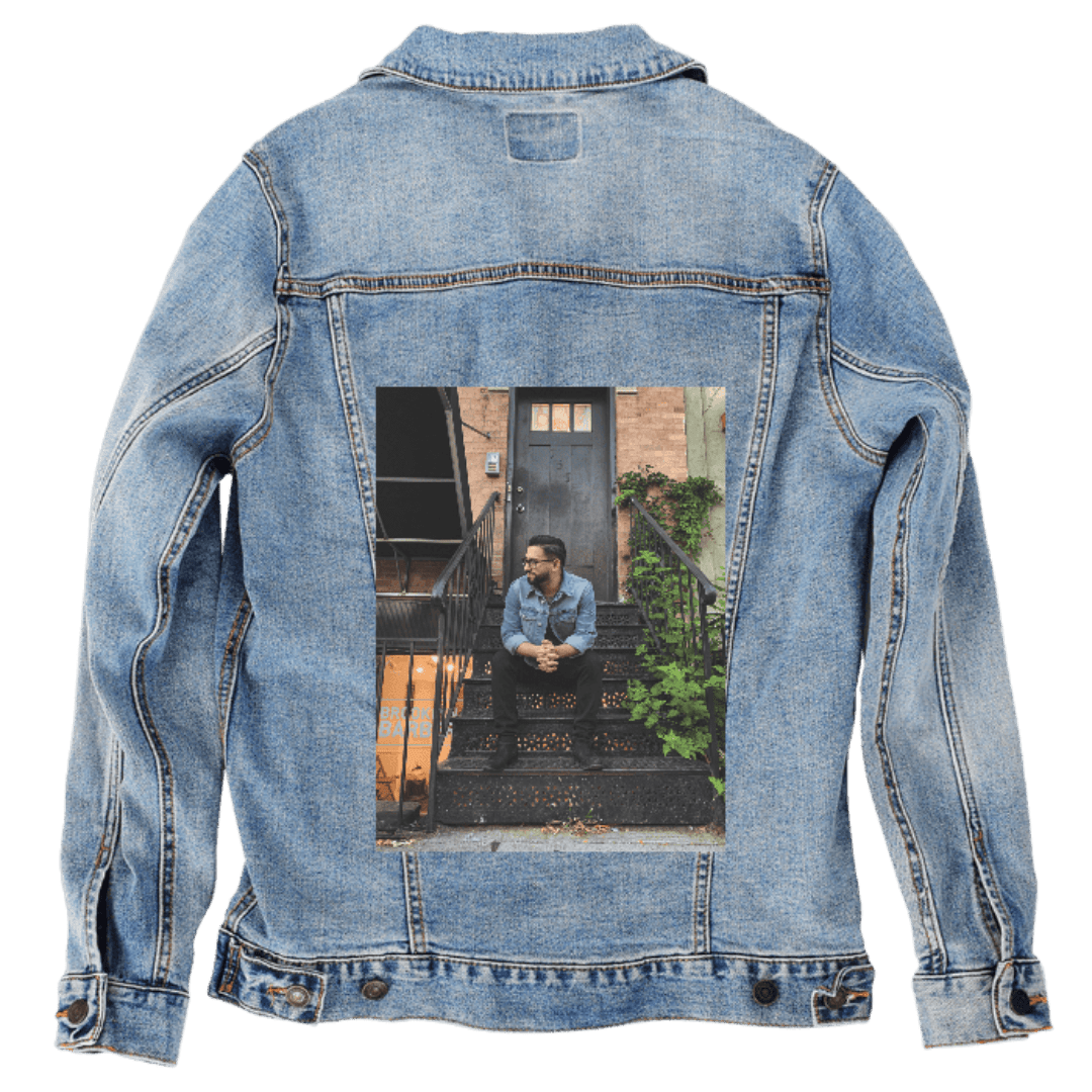 Custom Denim Jacket – Customer Designed – Urban Stoop Portrait Photo Back Art – 3 Color Choices (hand - crafted) custom denim jacket by DenimINK