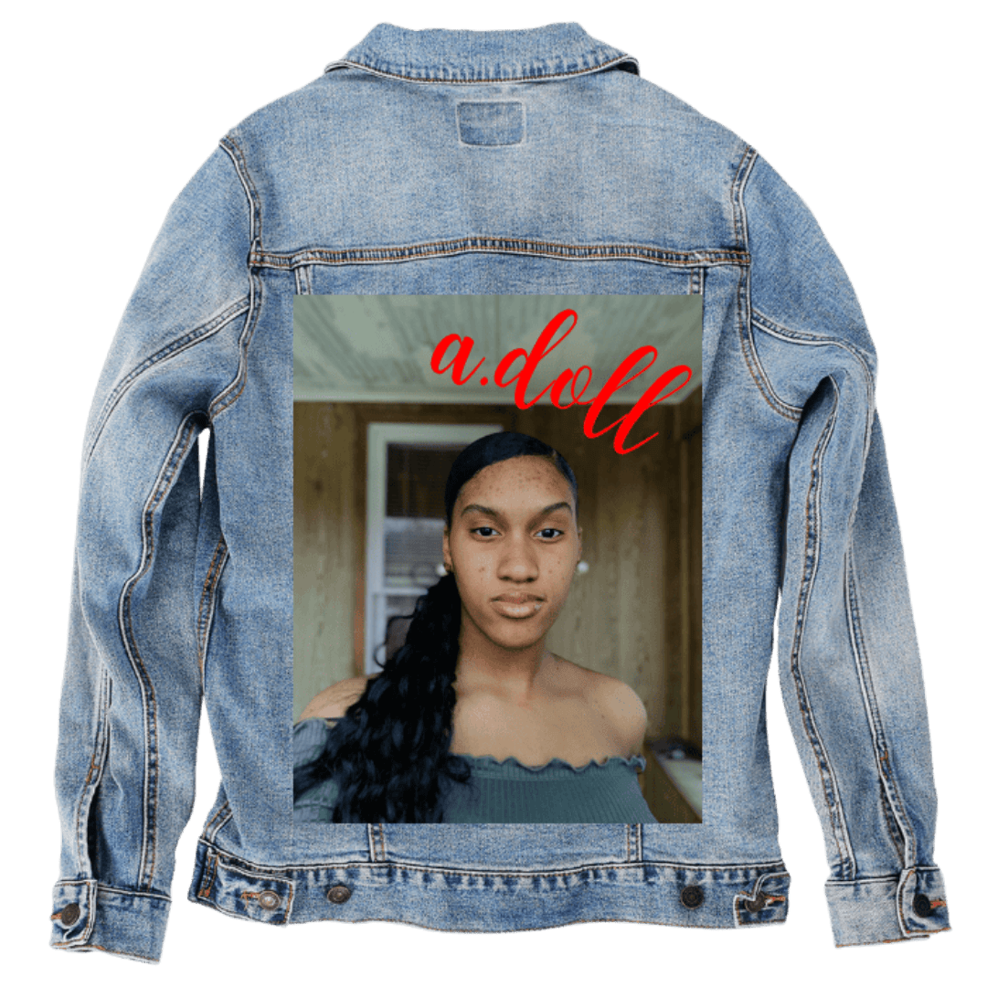 Custom Denim Jacket – Customer Designed – “a.doll” Red Script with Soft Natural - Light Portrait Back Art – 3 Color Choices (hand - crafted) custom denim jacket by DenimINK
