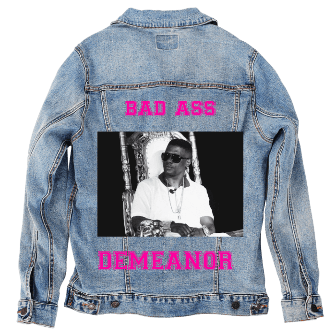 Custom Denim Jacket – Customer Designed – “BAD ASS / DEMEANOR” Neon Pink Text with Black - and - White Throne Portrait Back Art – 3 Color Choices (hand - crafted) custom denim jacket by DenimINK