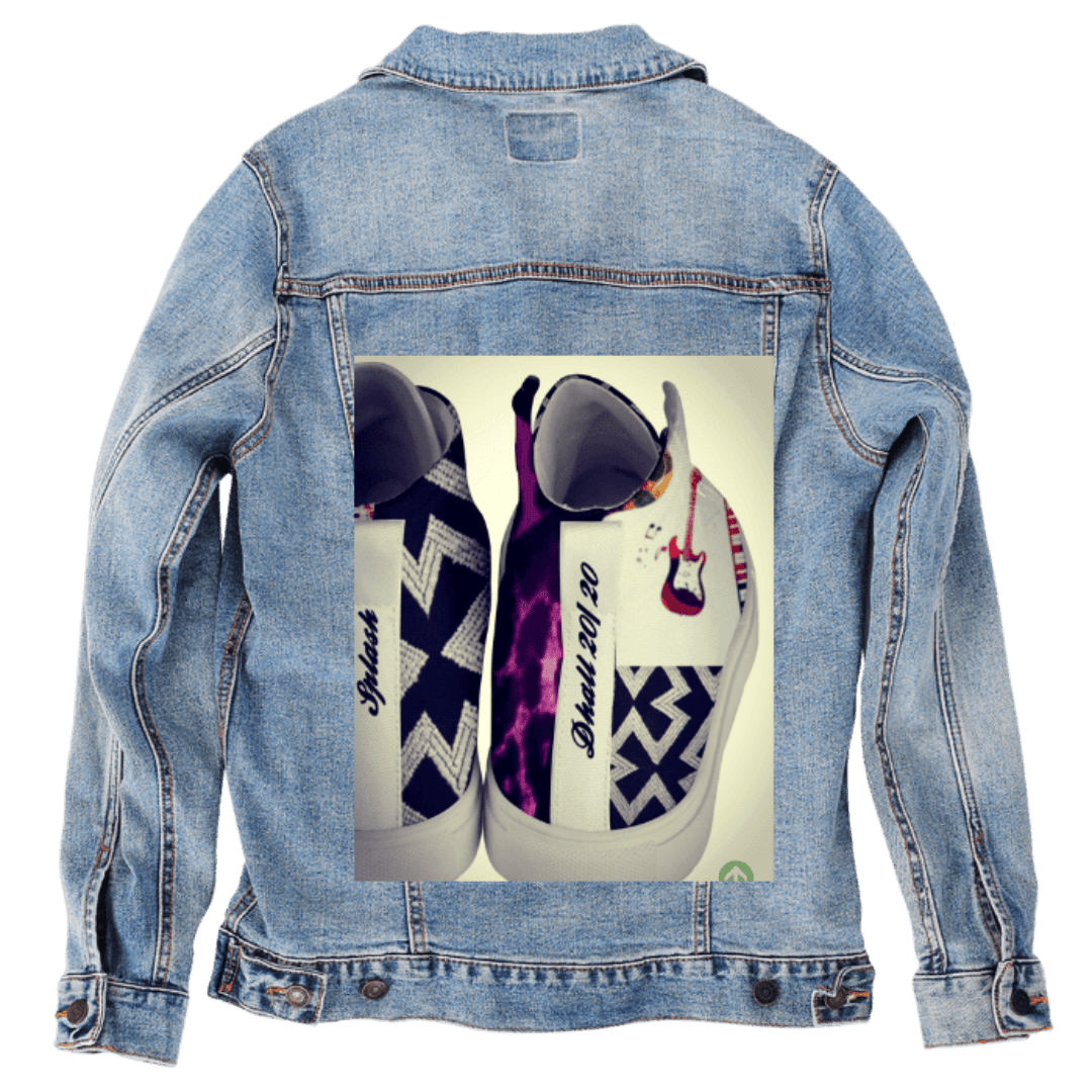 Custom Denim Jacket – Custom Sneakers with Bold Patterns, Purple Lightning, Guitar Graphic, and Date Text – Customer Designed (hand - crafted) – 3 Color Choices custom denim jacket by DenimINK