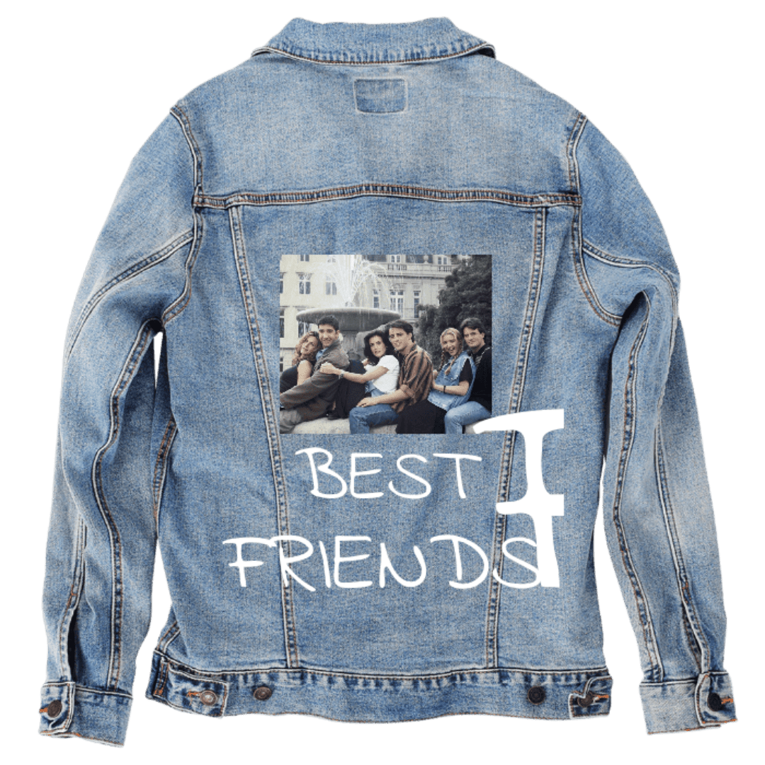 Custom Denim Jacket – Group Portrait Photo with White “BEST FRIENDS” Text Back Art – Customer Designed (hand - crafted) – 3 Color Choices custom denim jacket by DenimINK